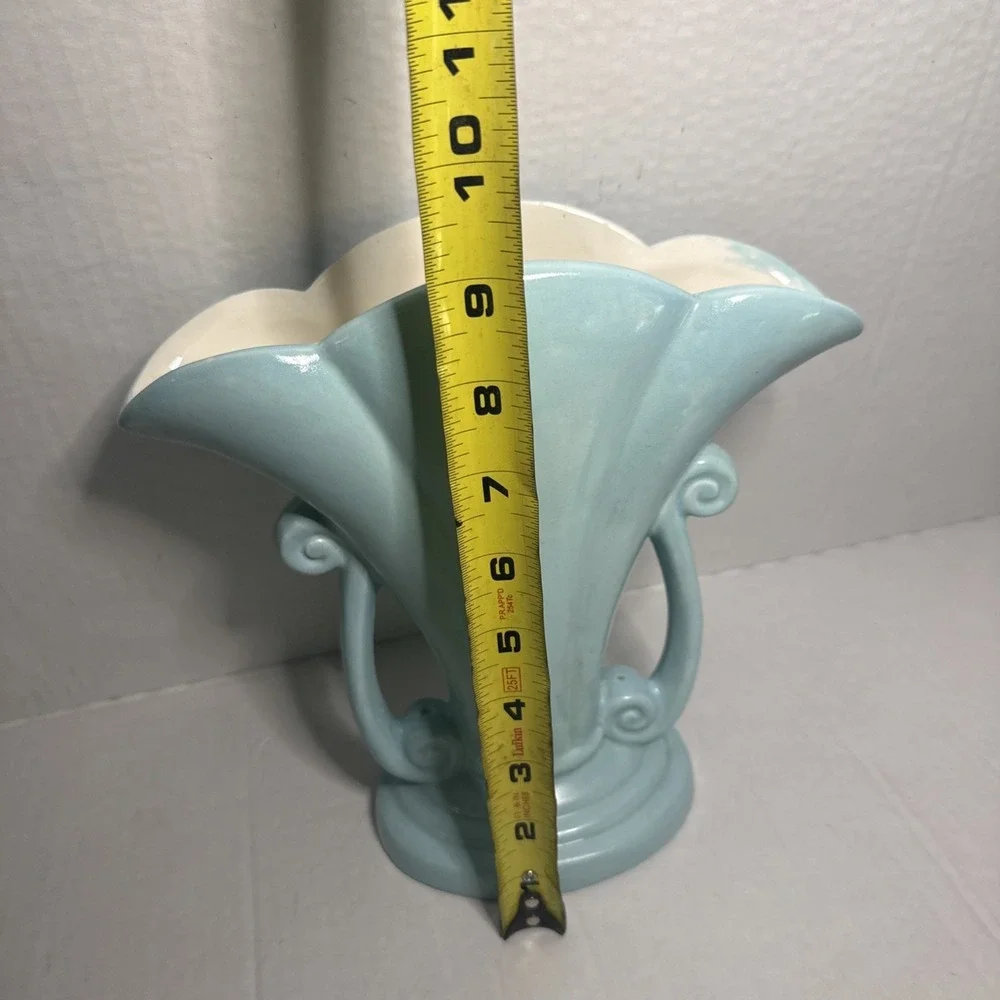 Vintage '72 Studio Art Deco Pottery Fan Vase Turquoise Scroll Handles Signed